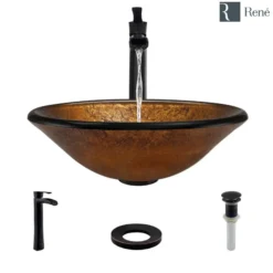 Rene 18" Round Glass Bathroom Sink, Orange Gold Foil, with Faucet, R5-5013-R9-7007-ABR
