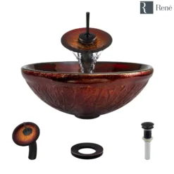 Rene 17" Round Glass Bathroom Sink, Fiery Red, with Faucet, R5-5018-WF-ABR