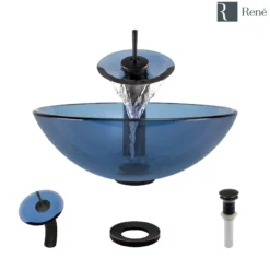 Rene 17" Round Glass Bathroom Sink, Celeste, with Faucet, R5-5001-CEL-WF-ABR