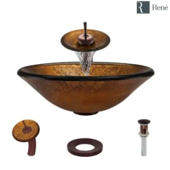 Rene 18" Round Glass Bathroom Sink, Orange Gold Foil, with Faucet, R5-5013-WF-ORB