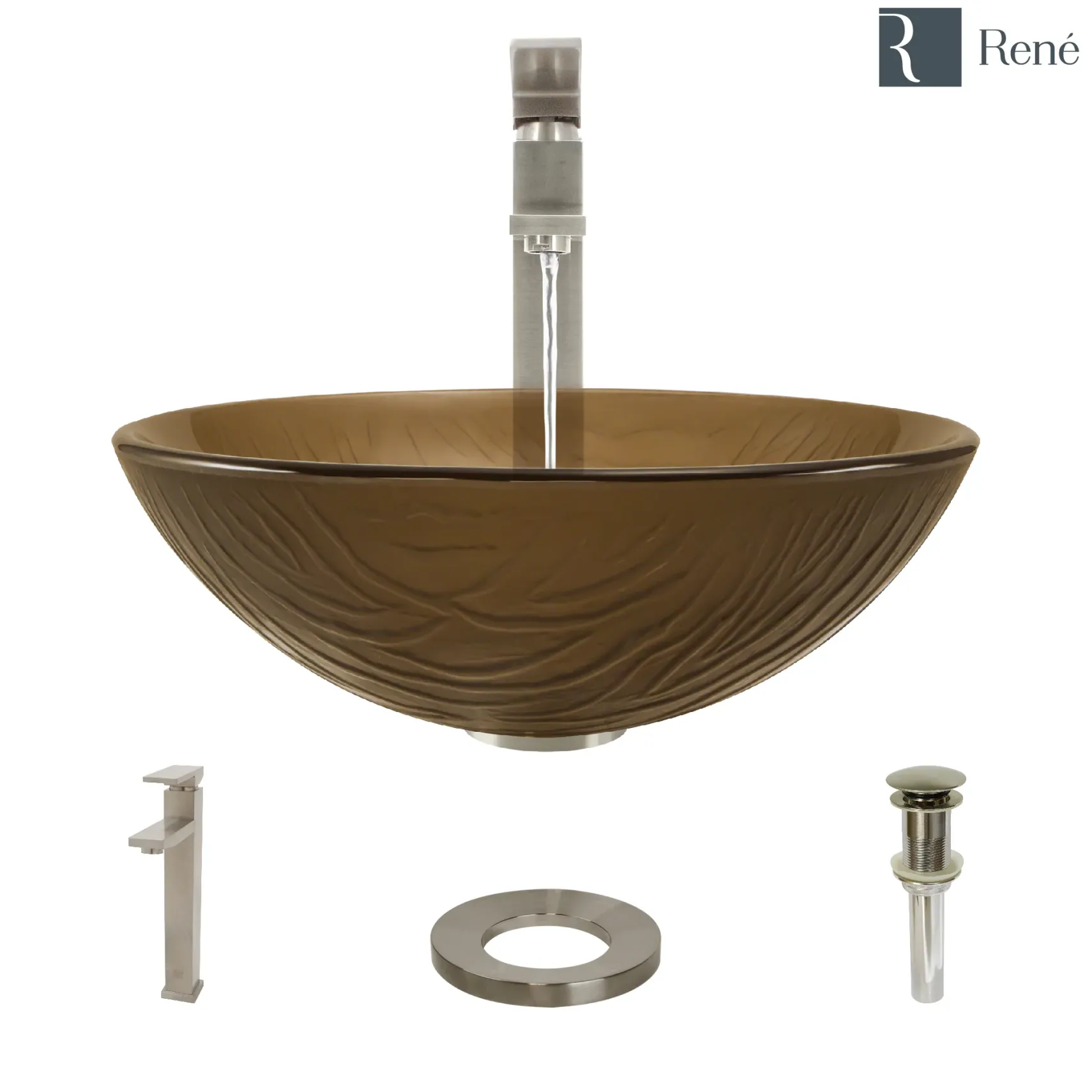 Rene 17" Round Glass Bathroom Sink, Beach Sand, with Faucet, R5-5025-R9-7003-BN