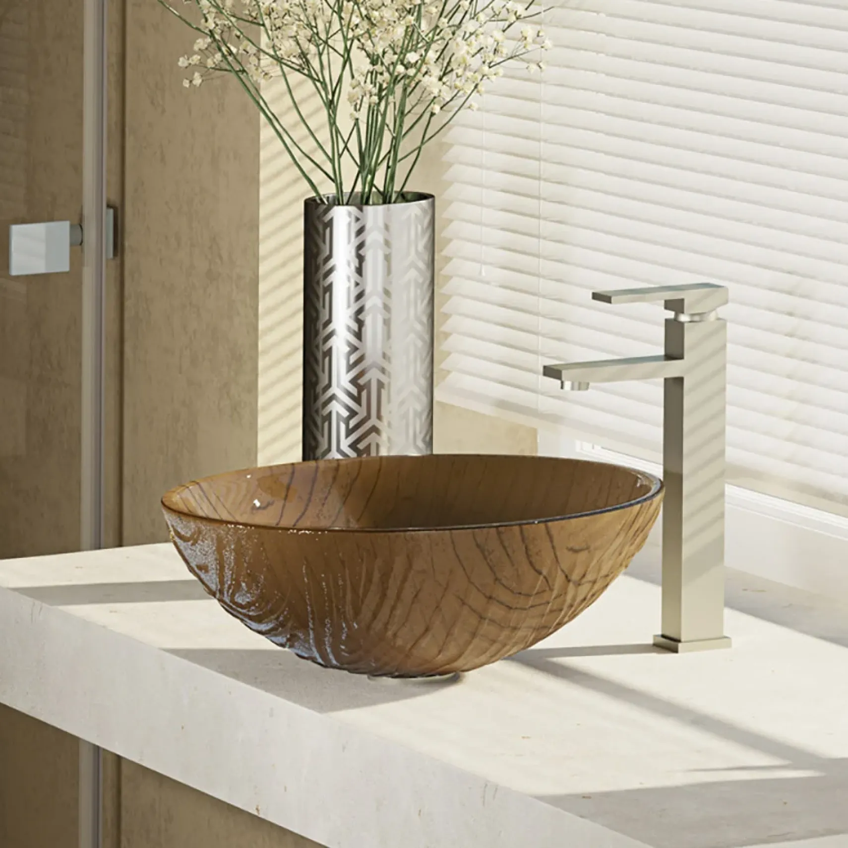 Rene 17" Round Glass Bathroom Sink, Beach Sand, with Faucet, R5-5025-R9-7003-BN
