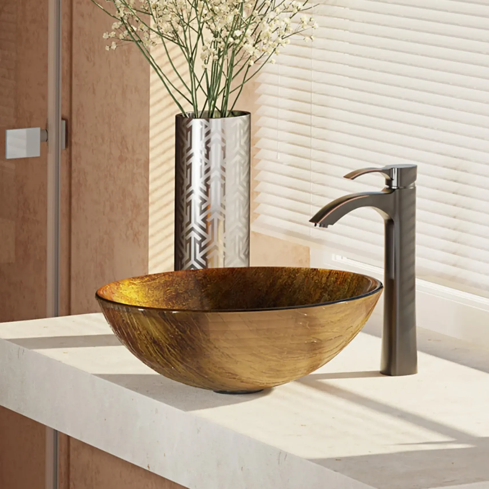 Rene 17" Round Glass Bathroom Sink, Bronze, with Faucet, R5-5030-R9-7006-ABR