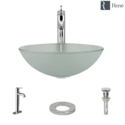 Rene 17" Round Glass Bathroom Sink, Frosted, with Faucet, R5-5002-R9-7001-C