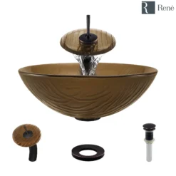 Rene 17" Round Glass Bathroom Sink, Beach Sand, with Faucet, R5-5025-WF-ABR