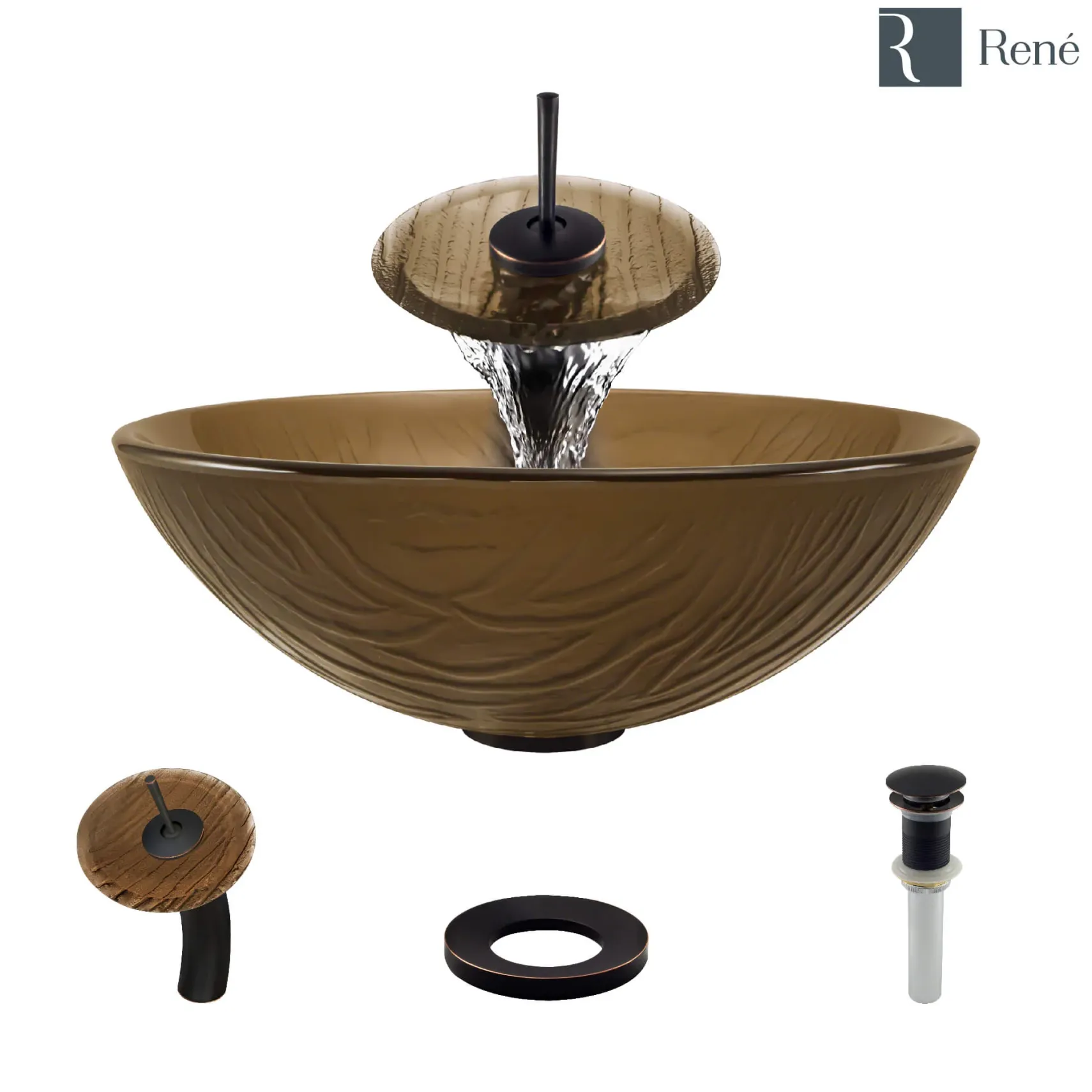 Rene 17" Round Glass Bathroom Sink, Beach Sand, with Faucet, R5-5025-WF-ABR