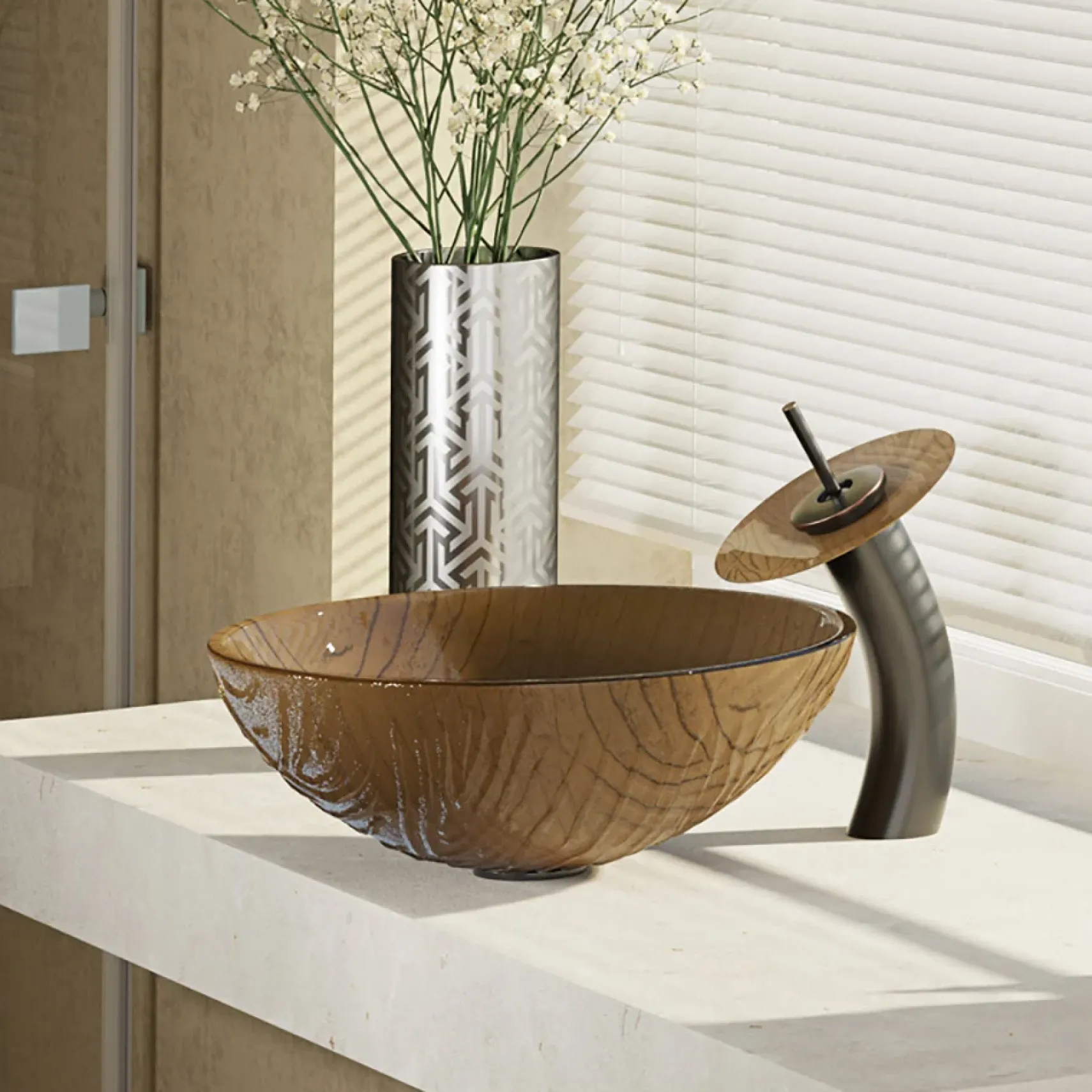 Rene 17" Round Glass Bathroom Sink, Beach Sand, with Faucet, R5-5025-WF-ABR