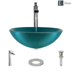 Rene 17" Round Glass Bathroom Sink, Cerulean, with Faucet, R5-5001-CER-R9-7007-C