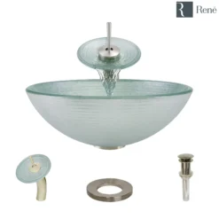 Rene 17" Round Glass Bathroom Sink, Sparkling Silver, with Faucet, R5-5034-WF-BN