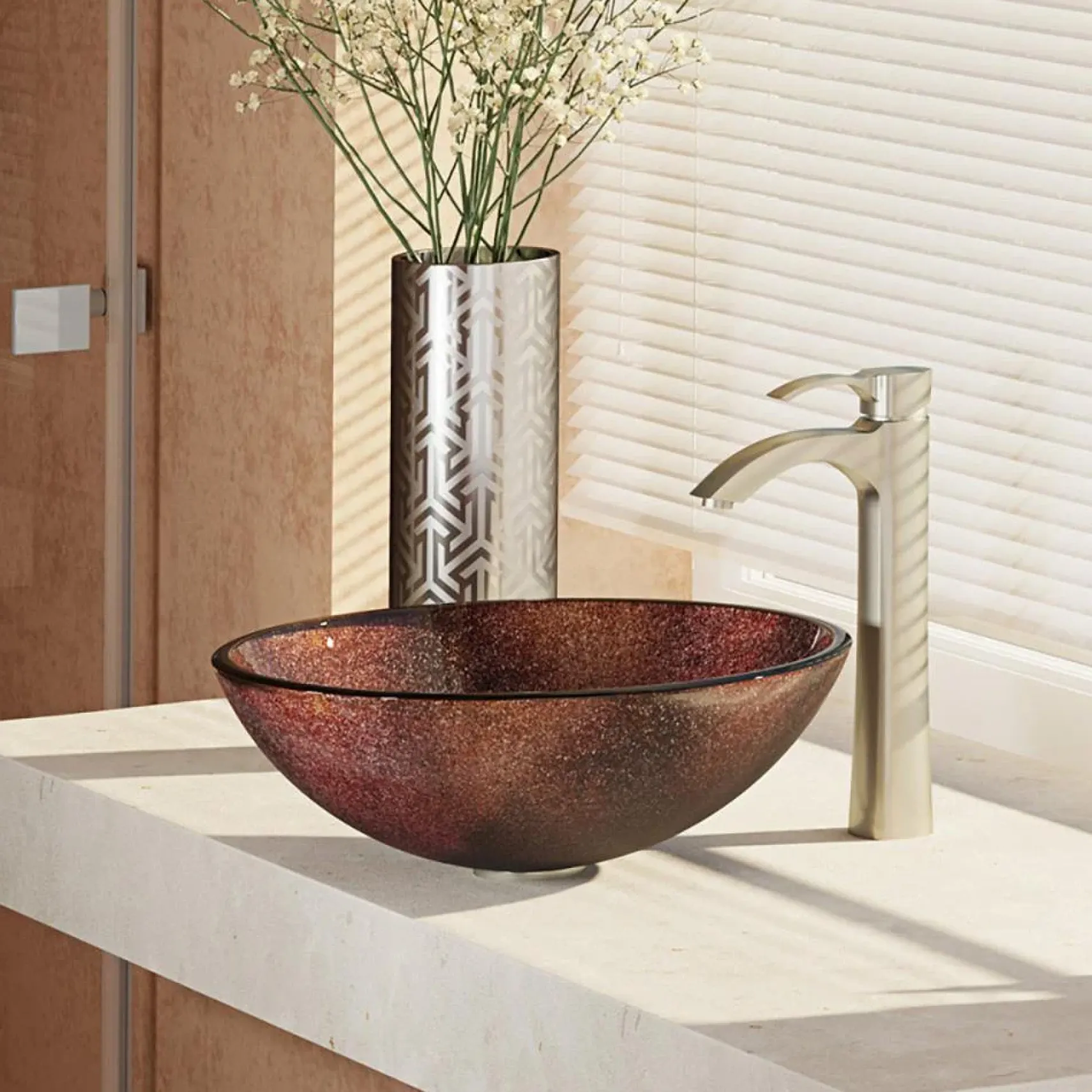 Rene 17" Round Glass Bathroom Sink, Multi-Color, with Faucet, R5-5014-R9-7006-BN