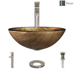 Rene 17" Round Glass Bathroom Sink, Bronze, with Faucet, R5-5030-R9-7003-BN