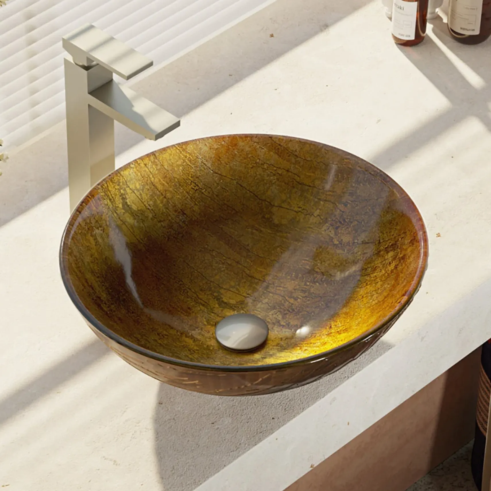 Rene 17" Round Glass Bathroom Sink, Bronze, with Faucet, R5-5030-R9-7003-BN