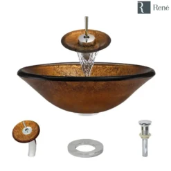 Rene 18" Round Glass Bathroom Sink, Orange Gold Foil, with Faucet, R5-5013-WF-C