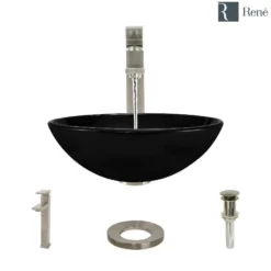 Rene 17" Round Glass Bathroom Sink, Noir, with Faucet, R5-5001-NOR-R9-7003-BN