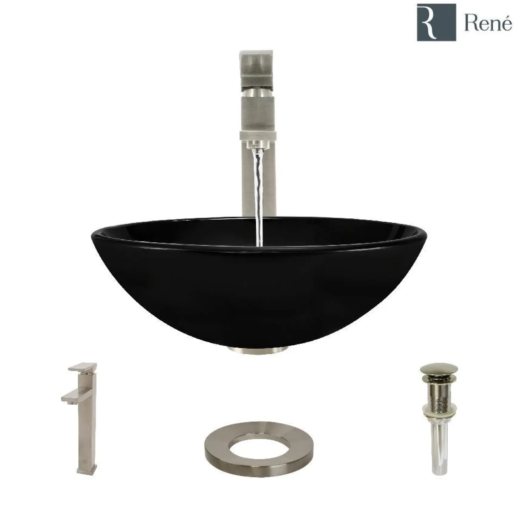 Rene 17" Round Glass Bathroom Sink, Noir, with Faucet, R5-5001-NOR-R9-7003-BN