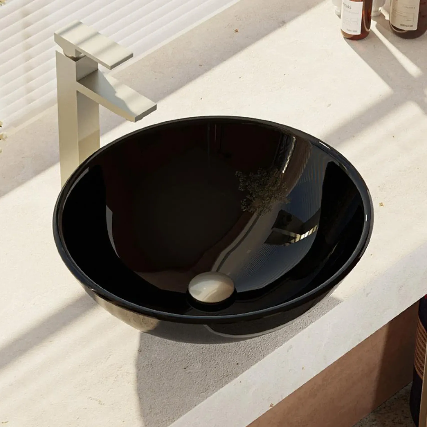 Rene 17" Round Glass Bathroom Sink, Noir, with Faucet, R5-5001-NOR-R9-7003-BN