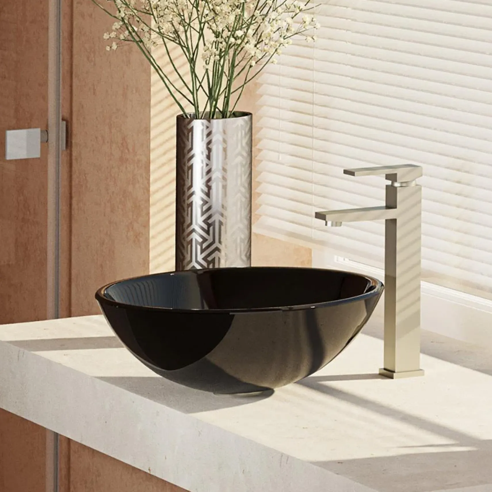 Rene 17" Round Glass Bathroom Sink, Noir, with Faucet, R5-5001-NOR-R9-7003-BN