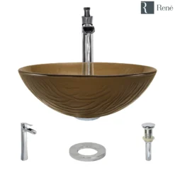 Rene 17" Round Glass Bathroom Sink, Beach Sand, with Faucet, R5-5025-R9-7007-C