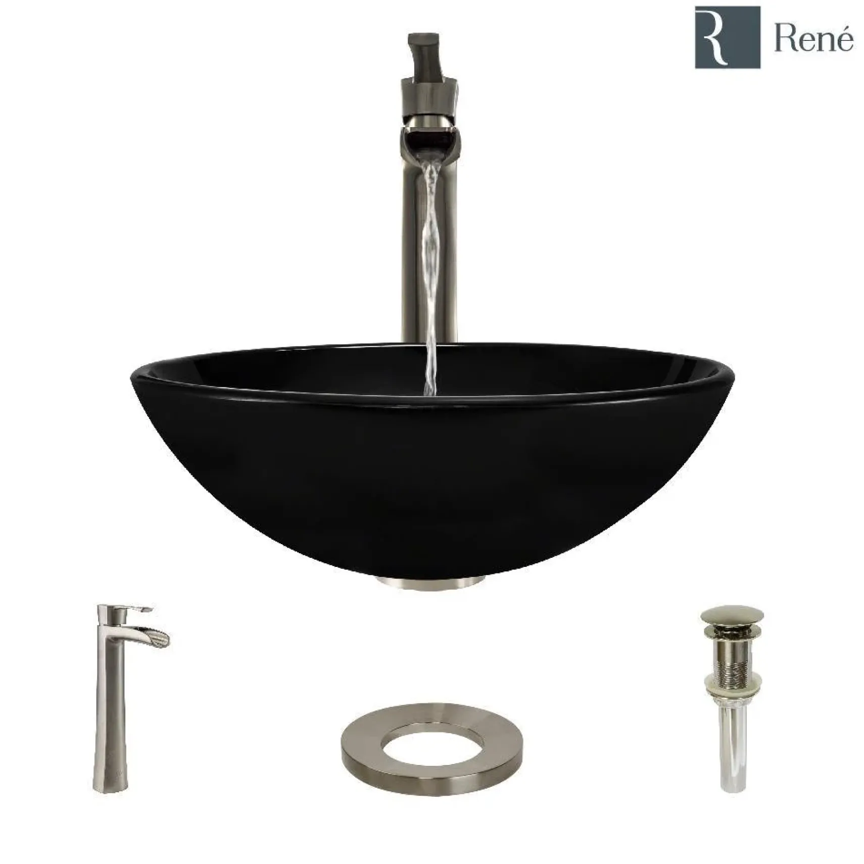 Rene 17" Round Glass Bathroom Sink, Noir, with Faucet, R5-5001-NOR-R9-7007-BN