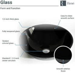 Rene 17" Round Glass Bathroom Sink, Noir, with Faucet, R5-5001-NOR-R9-7007-BN