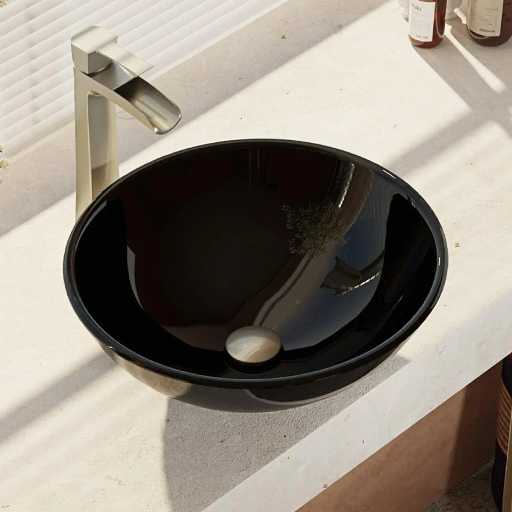 Rene 17" Round Glass Bathroom Sink, Noir, with Faucet, R5-5001-NOR-R9-7007-BN
