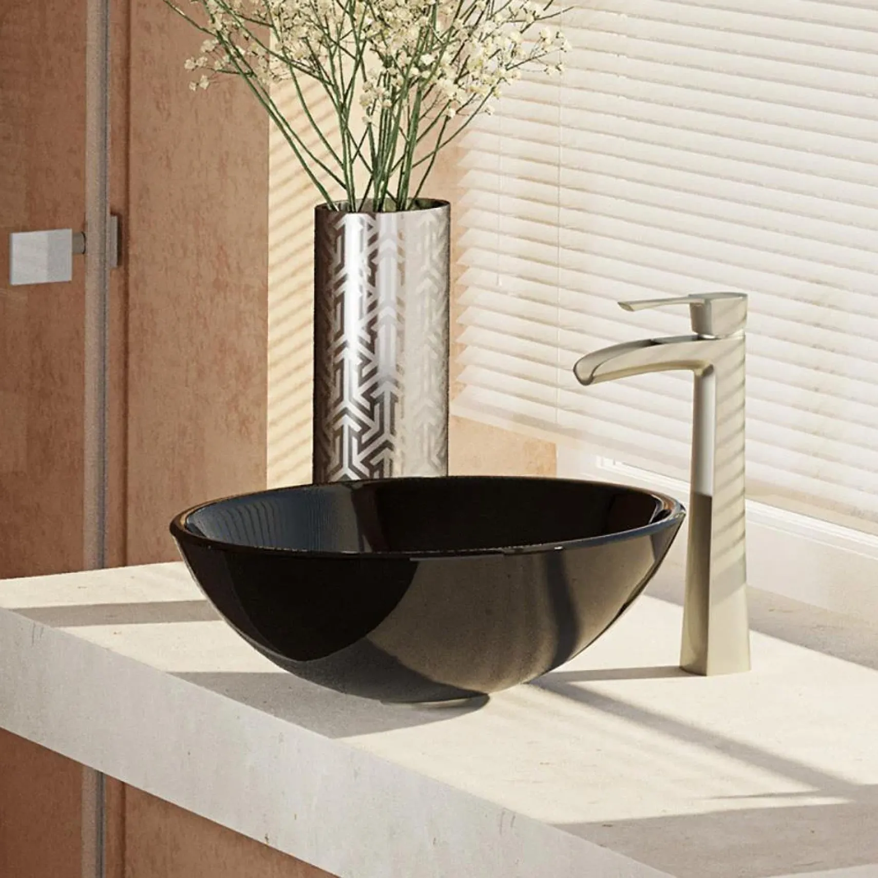 Rene 17" Round Glass Bathroom Sink, Noir, with Faucet, R5-5001-NOR-R9-7007-BN