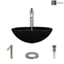 Rene 17" Round Glass Bathroom Sink, Noir, with Faucet, R5-5001-NOR-R9-7006-BN