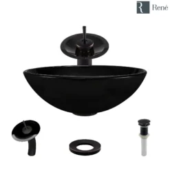 Rene 17" Round Glass Bathroom Sink, Noir, with Faucet, R5-5001-NOR-WF-ABR