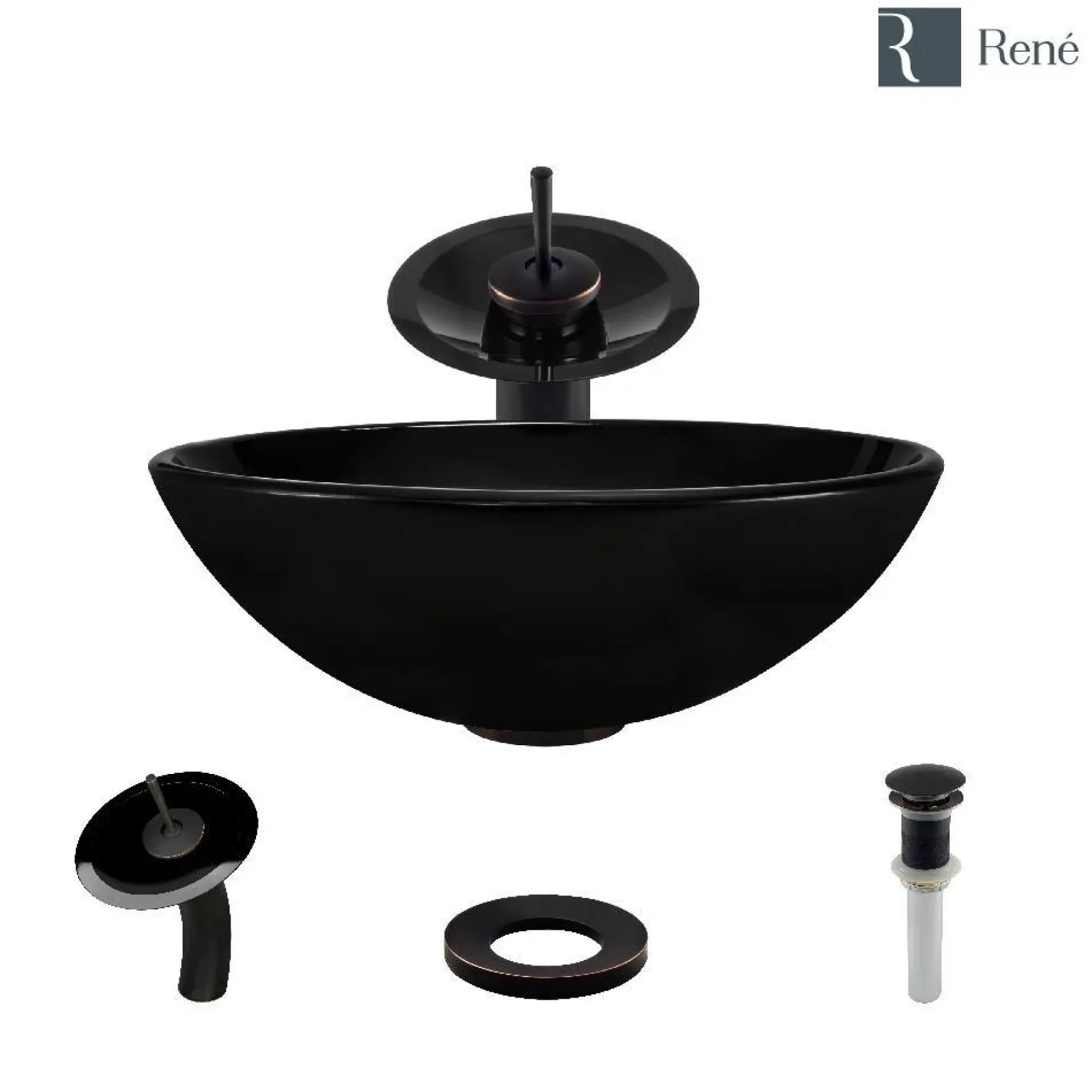 Rene 17" Round Glass Bathroom Sink, Noir, with Faucet, R5-5001-NOR-WF-ABR