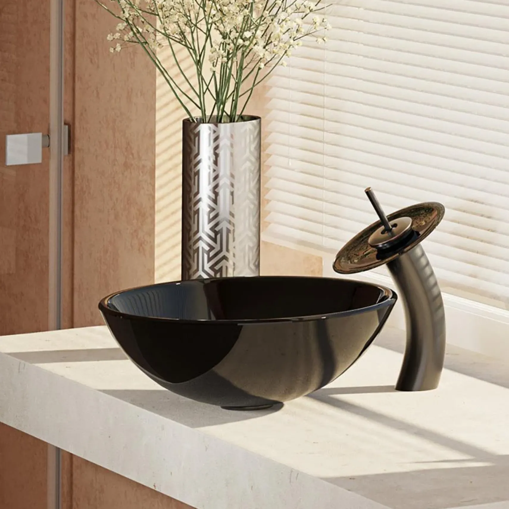 Rene 17" Round Glass Bathroom Sink, Noir, with Faucet, R5-5001-NOR-WF-ABR