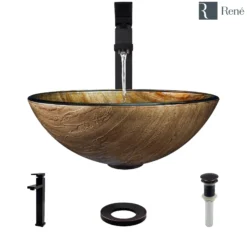 Rene 17" Round Glass Bathroom Sink, Bronze, with Faucet, R5-5030-R9-7003-ABR