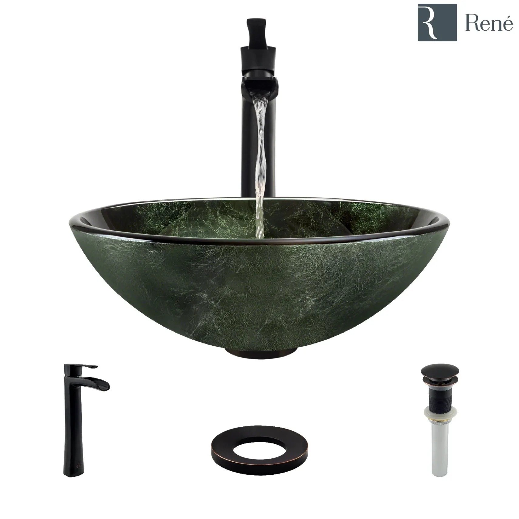 Rene 17" Round Glass Bathroom Sink, Forest Green, with Faucet, R5-5027-R9-7007-ABR