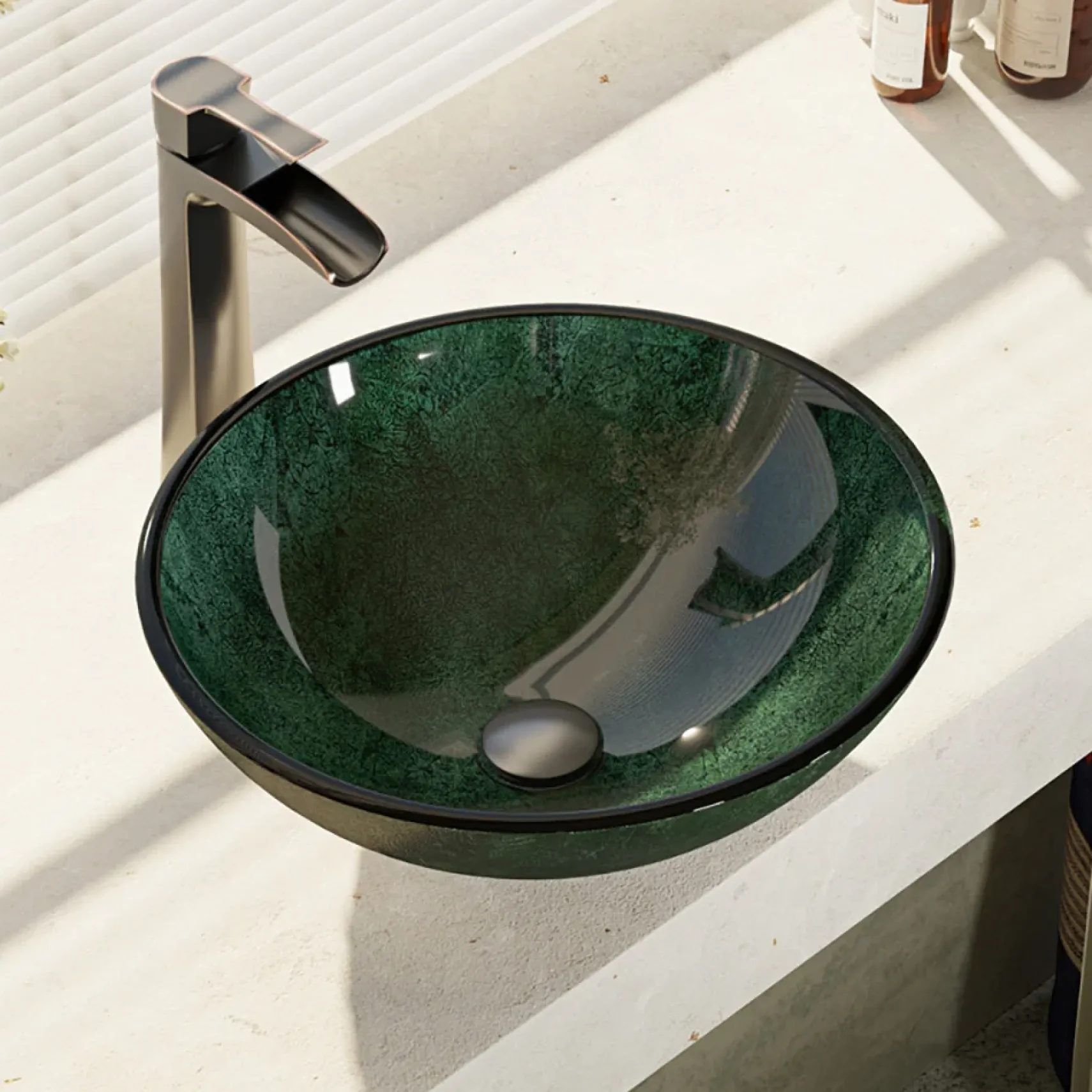 Rene 17" Round Glass Bathroom Sink, Forest Green, with Faucet, R5-5027-R9-7007-ABR