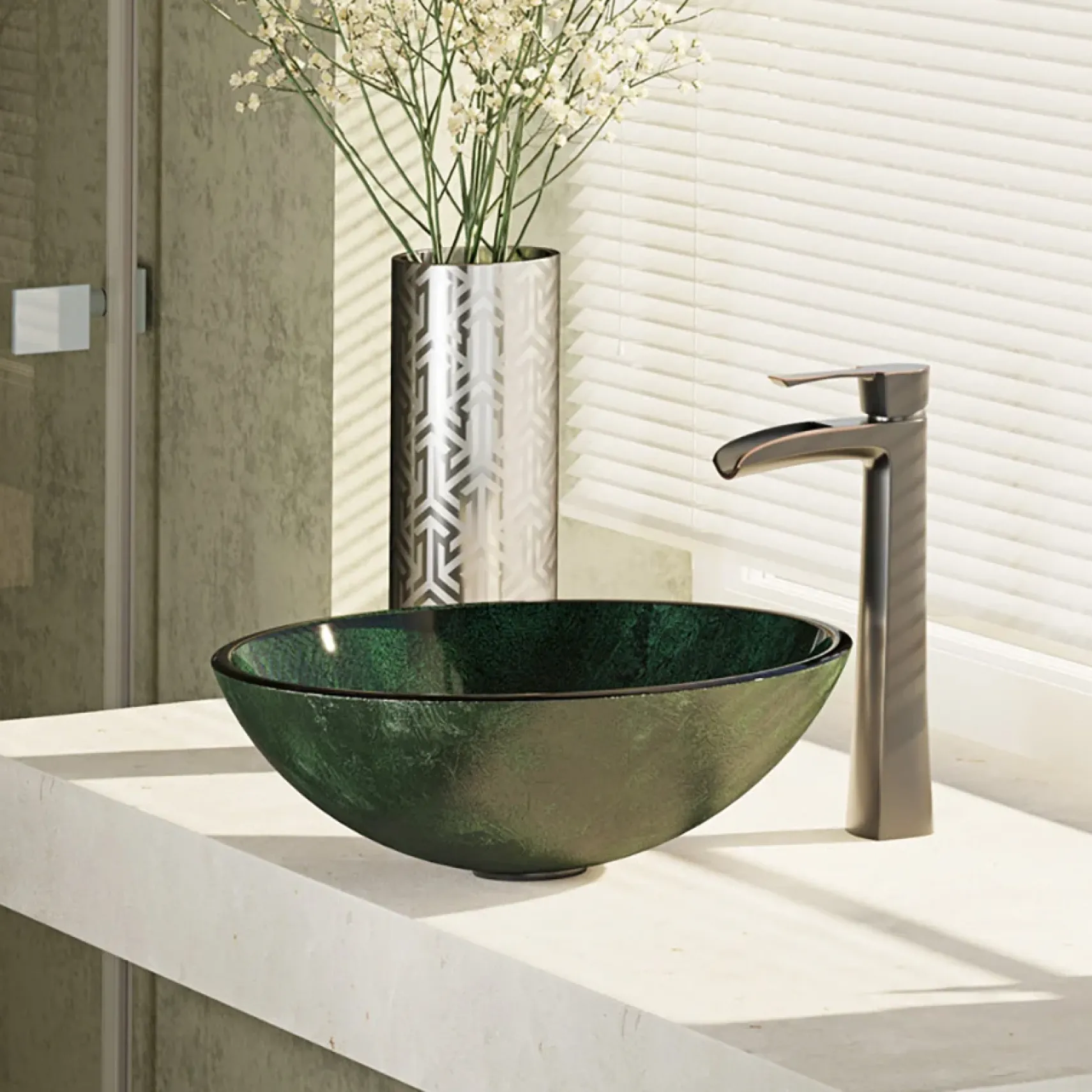 Rene 17" Round Glass Bathroom Sink, Forest Green, with Faucet, R5-5027-R9-7007-ABR