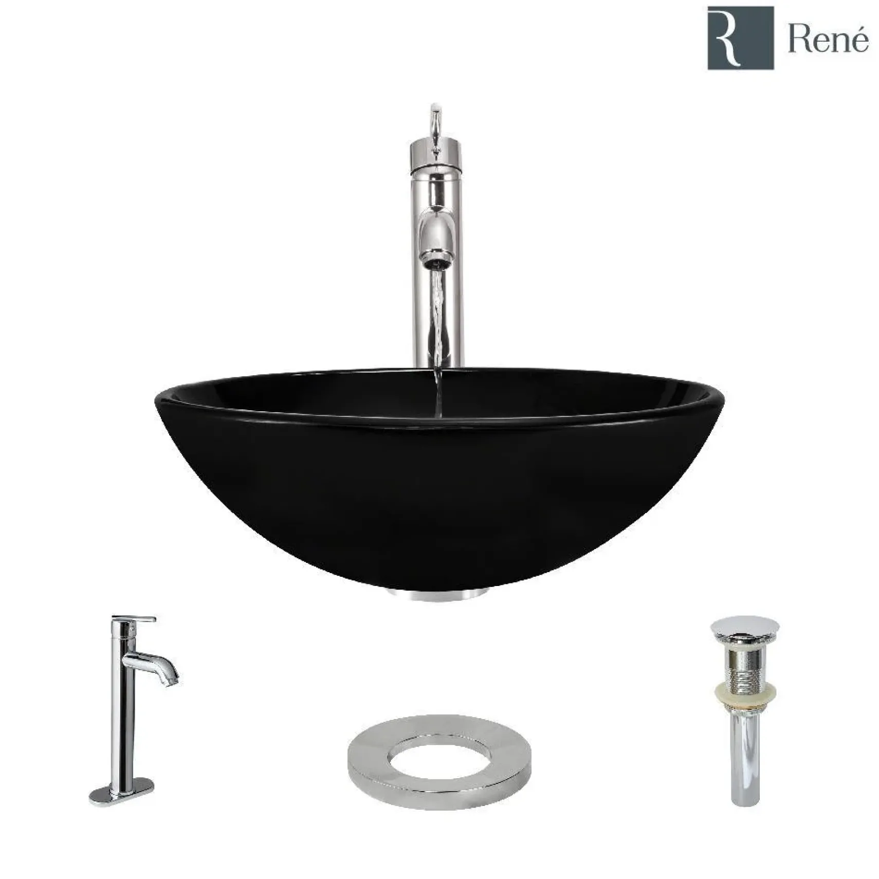 Rene 17" Round Glass Bathroom Sink, Noir, with Faucet, R5-5001-NOR-R9-7001-C