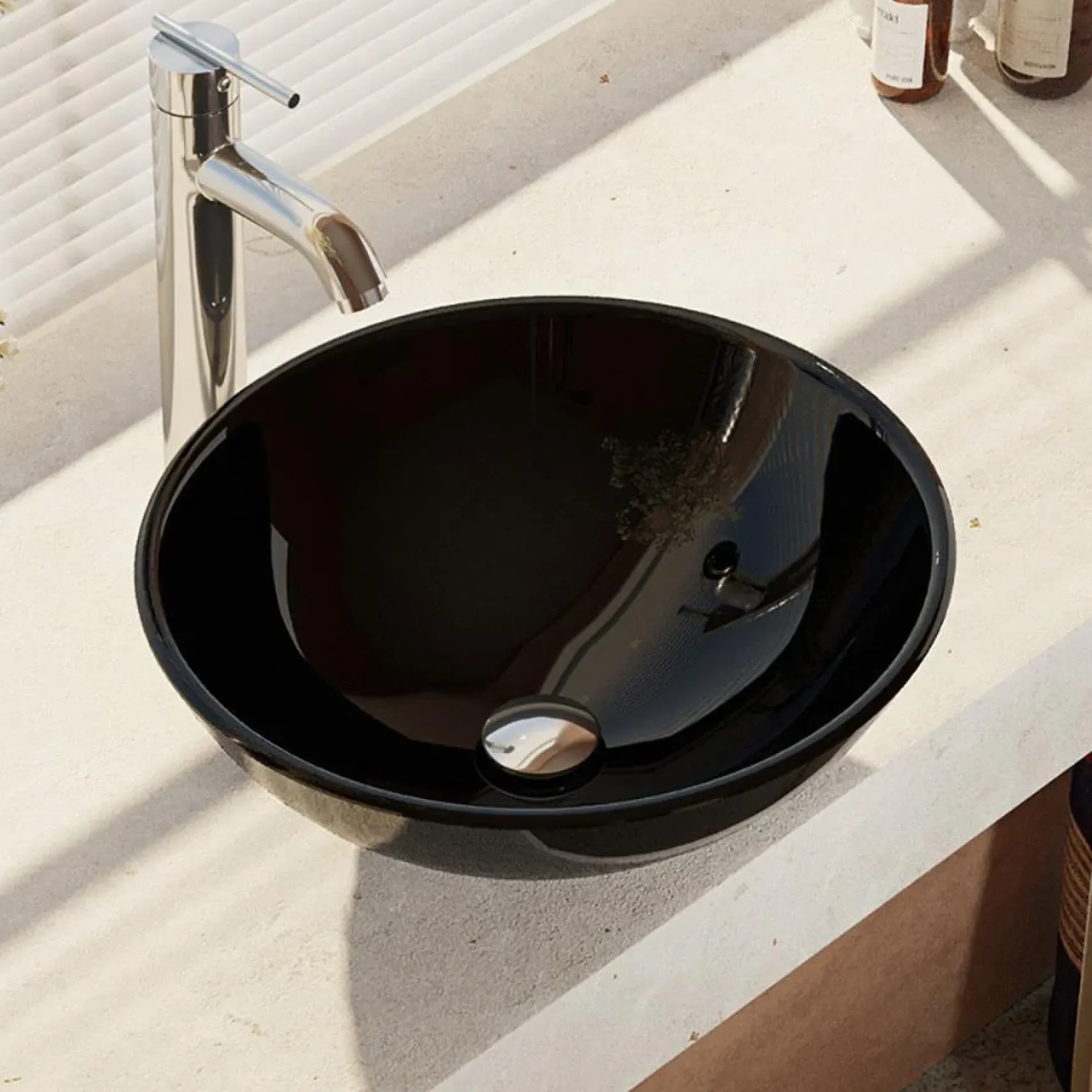 Rene 17" Round Glass Bathroom Sink, Noir, with Faucet, R5-5001-NOR-R9-7001-C