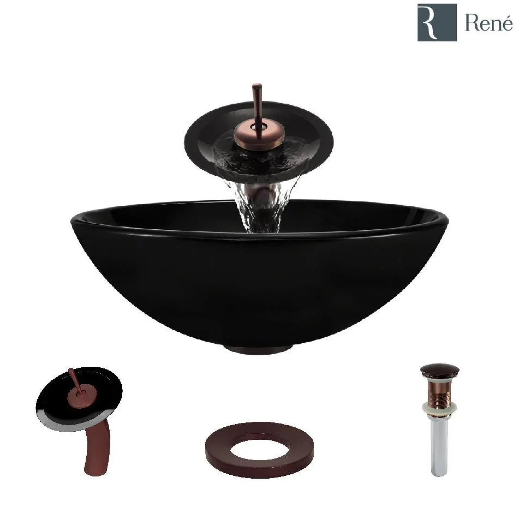 Rene 17" Round Glass Bathroom Sink, Noir, with Faucet, R5-5001-NOR-WF-ORB