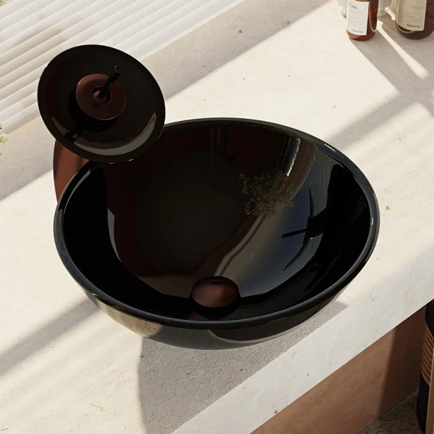 Rene 17" Round Glass Bathroom Sink, Noir, with Faucet, R5-5001-NOR-WF-ORB