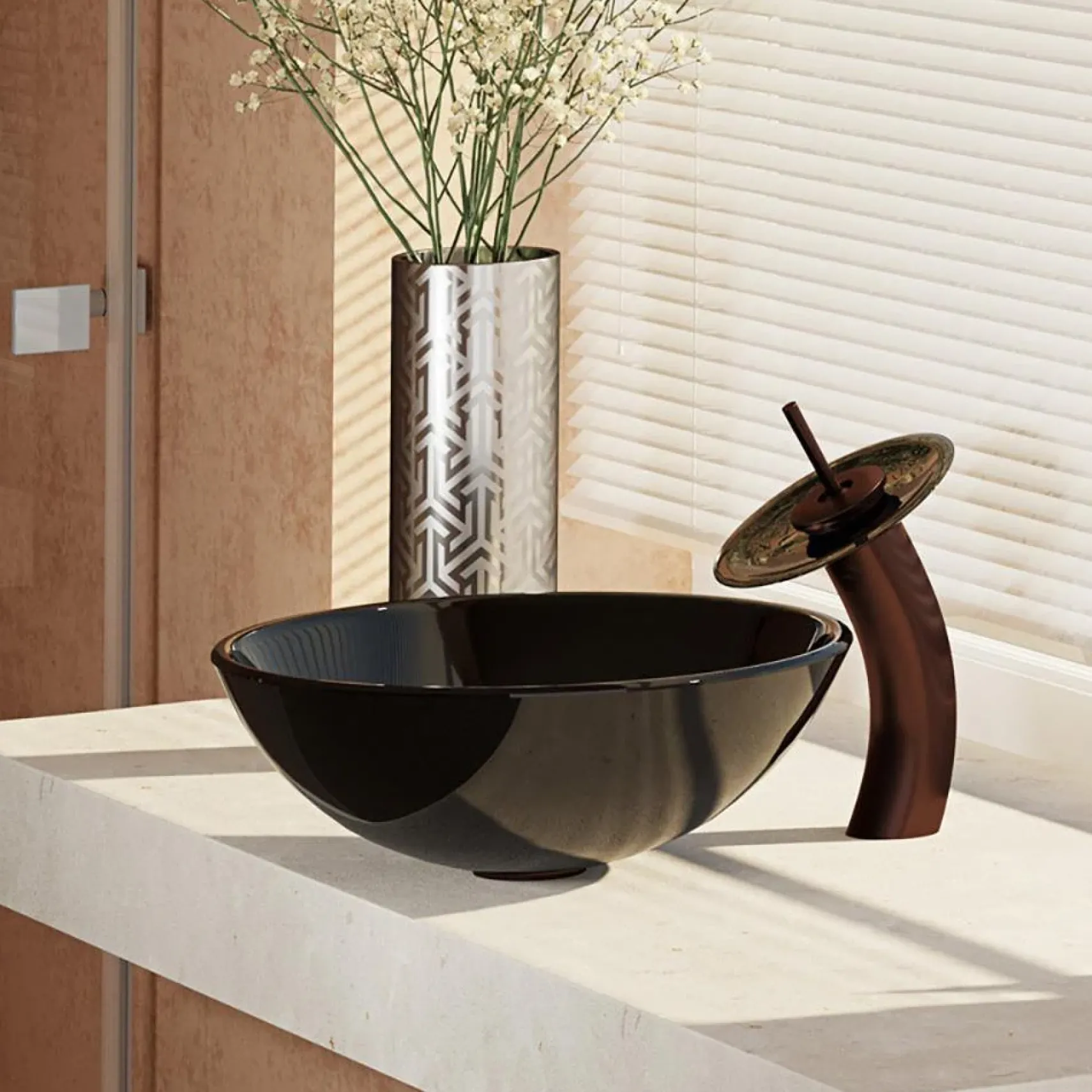 Rene 17" Round Glass Bathroom Sink, Noir, with Faucet, R5-5001-NOR-WF-ORB