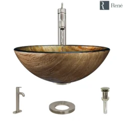 Rene 17" Round Glass Bathroom Sink, Bronze, with Faucet, R5-5030-R9-7001-BN