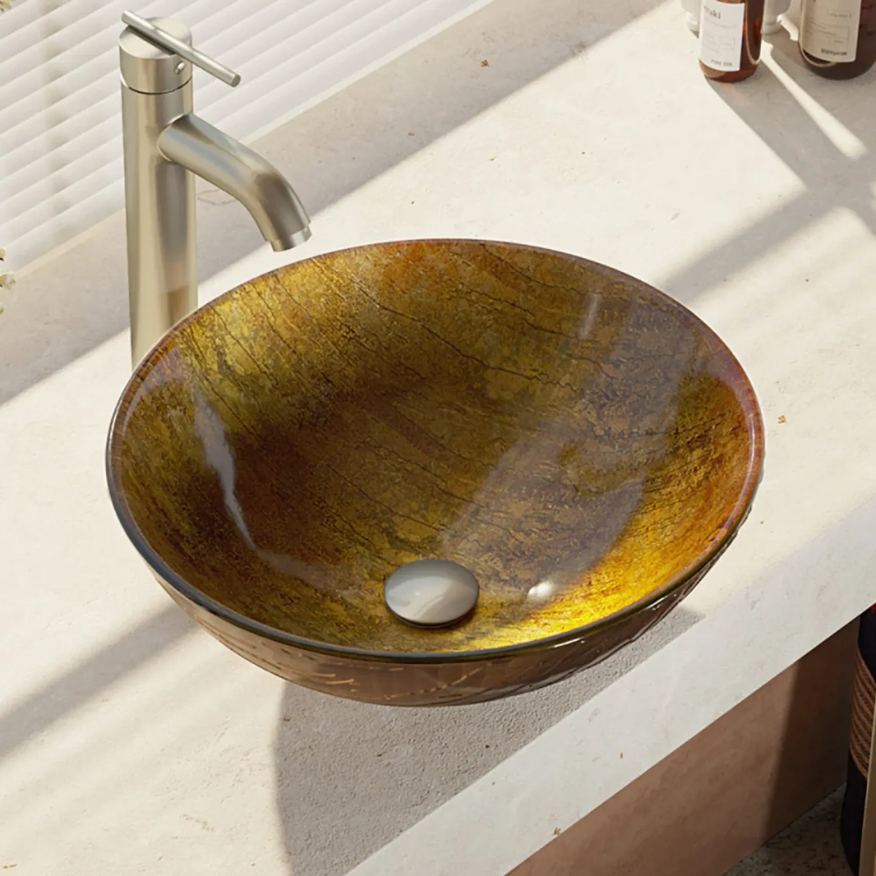 Rene 17" Round Glass Bathroom Sink, Bronze, with Faucet, R5-5030-R9-7001-BN