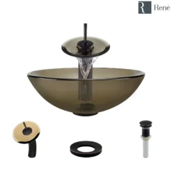 Rene 17" Round Glass Bathroom Sink, Cashmere, with Faucet, R5-5001-CAS-WF-ABR