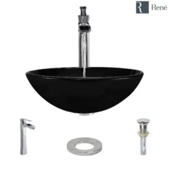 Rene 17" Round Glass Bathroom Sink, Noir, with Faucet, R5-5001-NOR-R9-7007-C