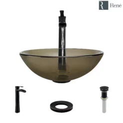 Rene 17" Round Glass Bathroom Sink, Cashmere, with Faucet, R5-5001-CAS-R9-7007-ABR