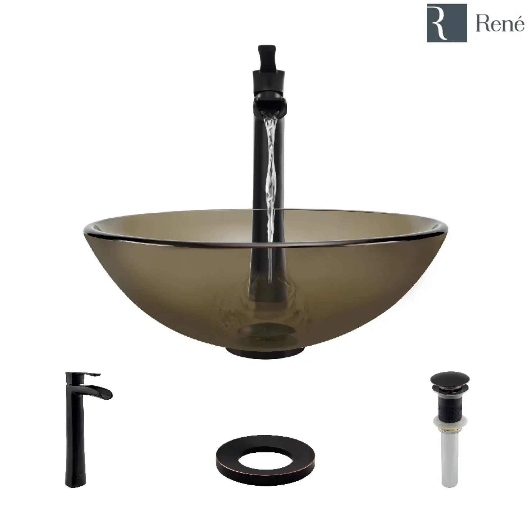 Rene 17" Round Glass Bathroom Sink, Cashmere, with Faucet, R5-5001-CAS-R9-7007-ABR