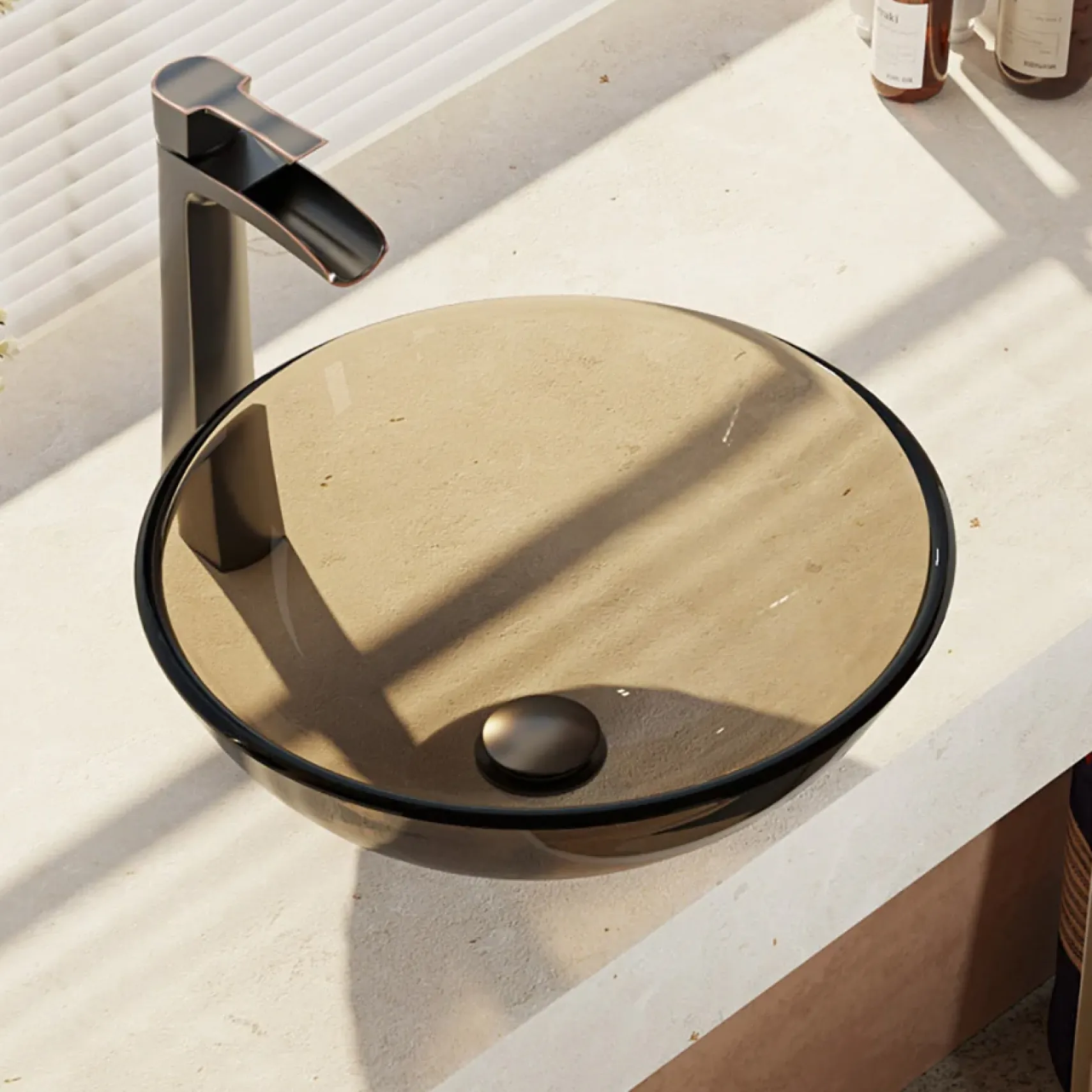 Rene 17" Round Glass Bathroom Sink, Cashmere, with Faucet, R5-5001-CAS-R9-7007-ABR