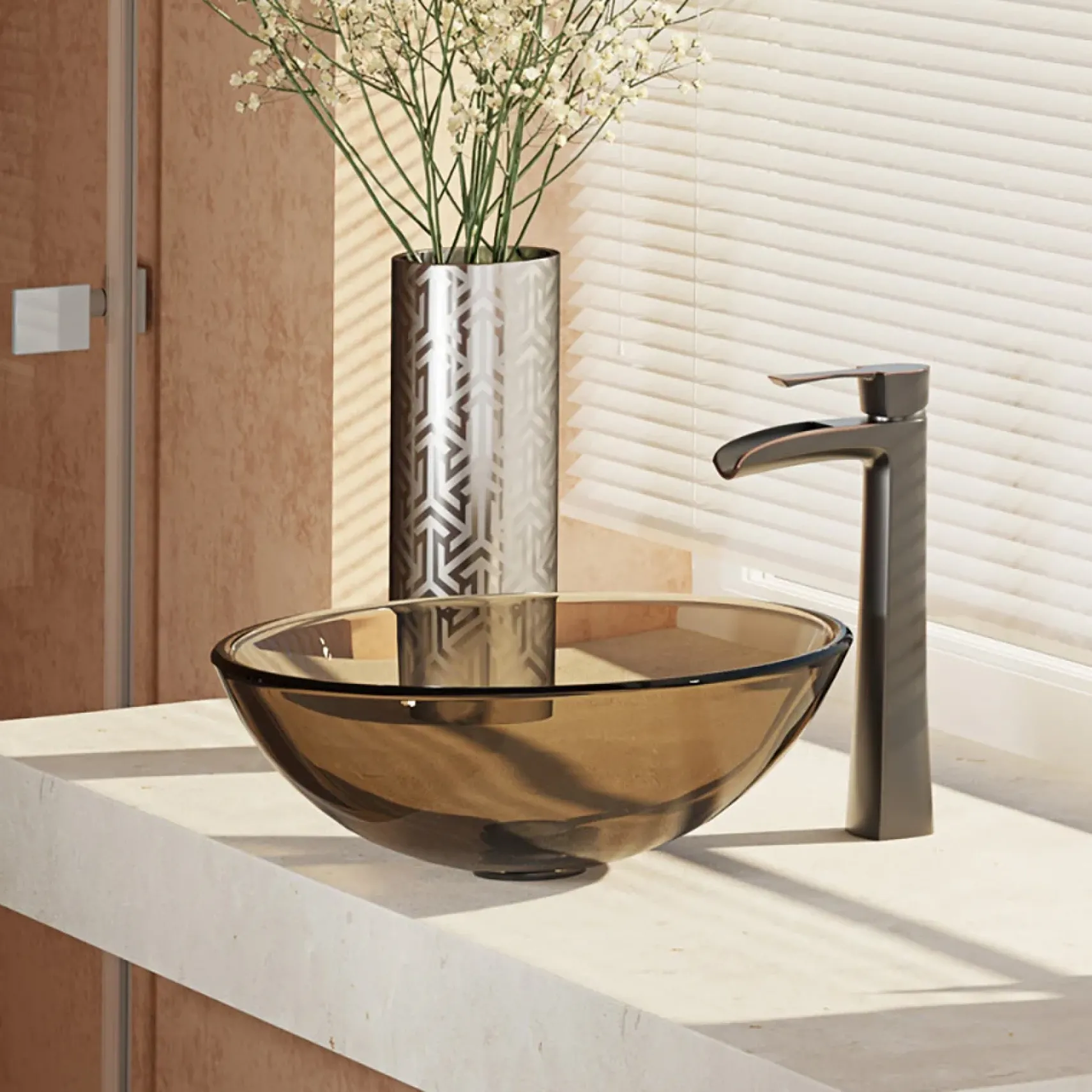 Rene 17" Round Glass Bathroom Sink, Cashmere, with Faucet, R5-5001-CAS-R9-7007-ABR