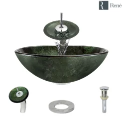 Rene 17" Round Glass Bathroom Sink, Forest Green, with Faucet, R5-5027-WF-C