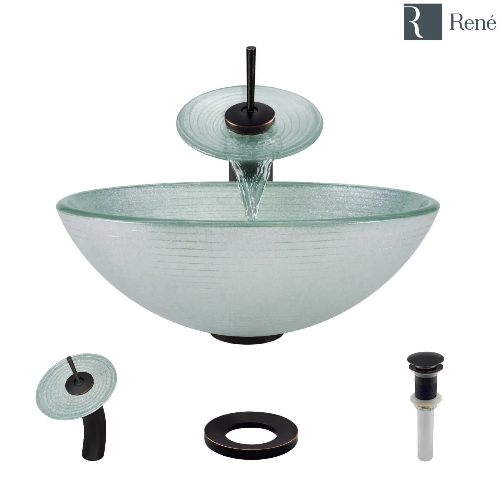 Rene 17" Round Glass Bathroom Sink, Sparkling Silver, with Faucet, R5-5034-WF-ABR
