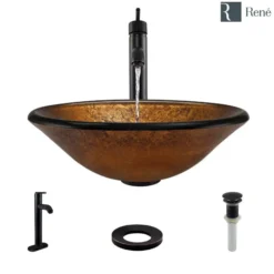 Rene 18" Round Glass Bathroom Sink, Orange Gold Foil, with Faucet, R5-5013-R9-7001-ABR